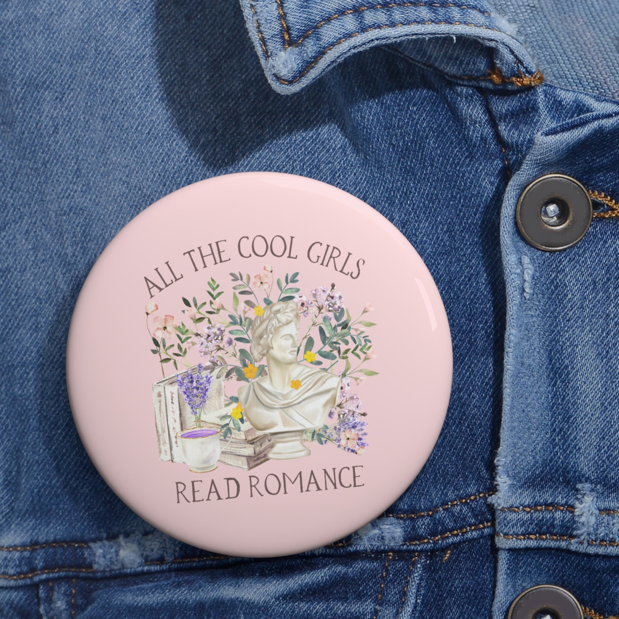 Floral Bookish Pinback Button, Cottagecore Flowers: Cool Girls Read Romance, Floral Aesthetic Botanical Pin, Romance Reader, Librarian Gift