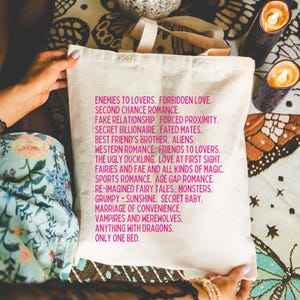 Bookish Romance Tropes Tote for Bookworm, Romance Reader Tote Bag for Author, Enemies to Lovers, Fantasy Romance, Cute Book Lover Gift Idea