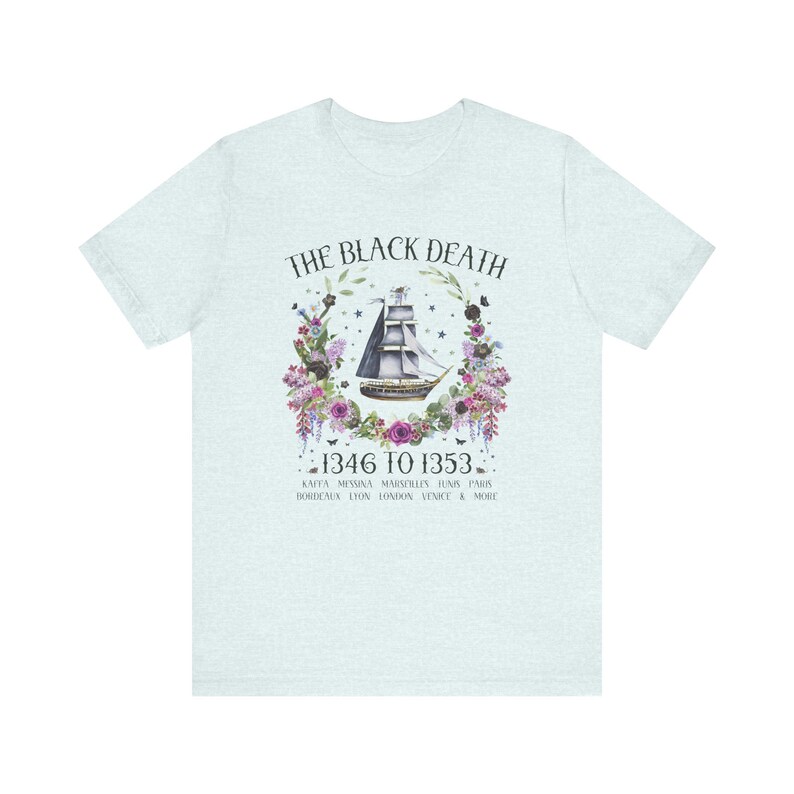 Boho History Black Death Tee Shirt for History Teacher or Friend Who Loves Medieval History, Cottagecore Rat Tee with Flowers, History Major Heather Ice Blue