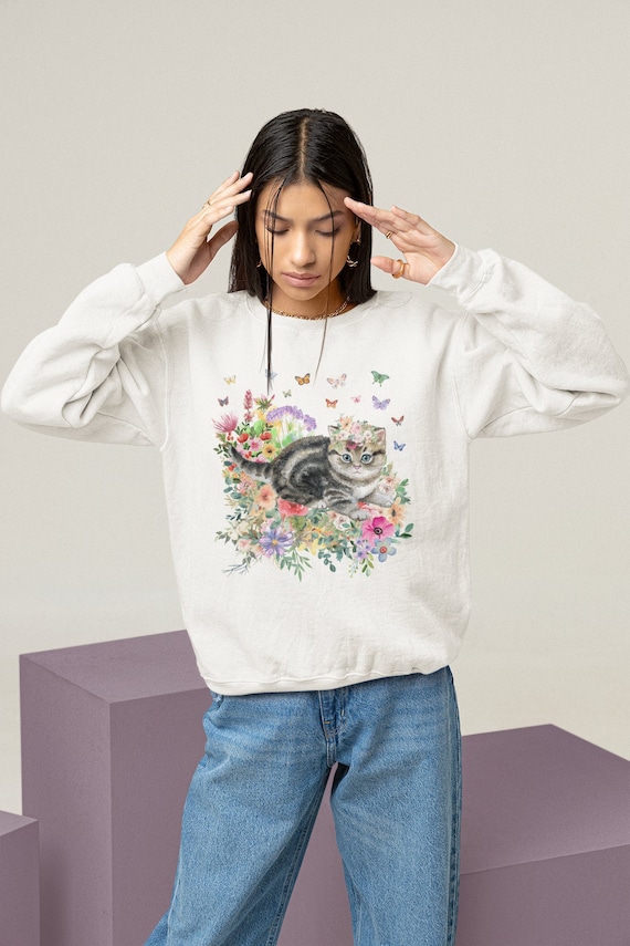 Kitten Sweatshirt: Butterflies and Flower | Cute Cat Gift, Adorable Flower Sweatshirt with Kitten, Gift for Cat Moms, Fun Kitten Gift Idea
