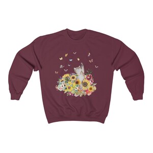 Cat Sweatshirt for Fall: 90's Throwback Shirt | Gift for Cat Mom, Funny Cat Sweatshirt, Nostalgic Sweatshirt of Cat, Kitten with Butterflies Maroon
