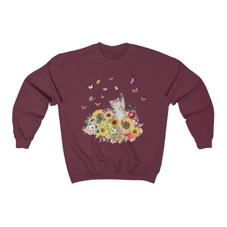 Cat Sweatshirt for Fall: 90's Throwback Shirt | Gift for Cat Mom, Funny Cat Sweatshirt, Nostalgic Sweatshirt of Cat, Kitten with Butterflies Maroon