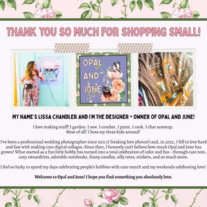 May include: A rectangular informational graphic with a pink rose border featuring three images: a person in a floral jumpsuit, a purple square with the text OPAL AND JUNE and butterflies, and a brown t-shirt with multiple photo prints.