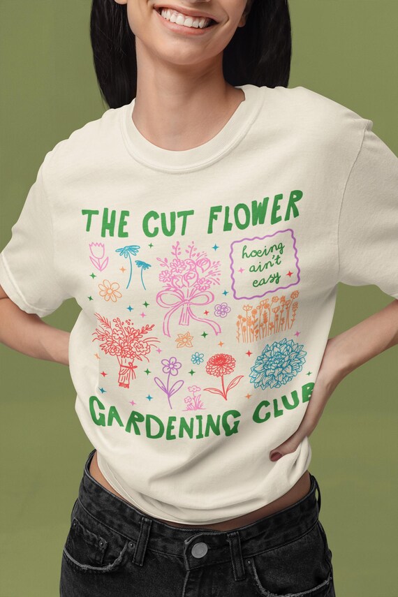 Cut Flower Gardening Tee Shirt for Flower Farmer or Mom Who Grows Cut Garden Flowers, Cute Gardening T-Shirt with 90s Y2k Aeshetic Doodles