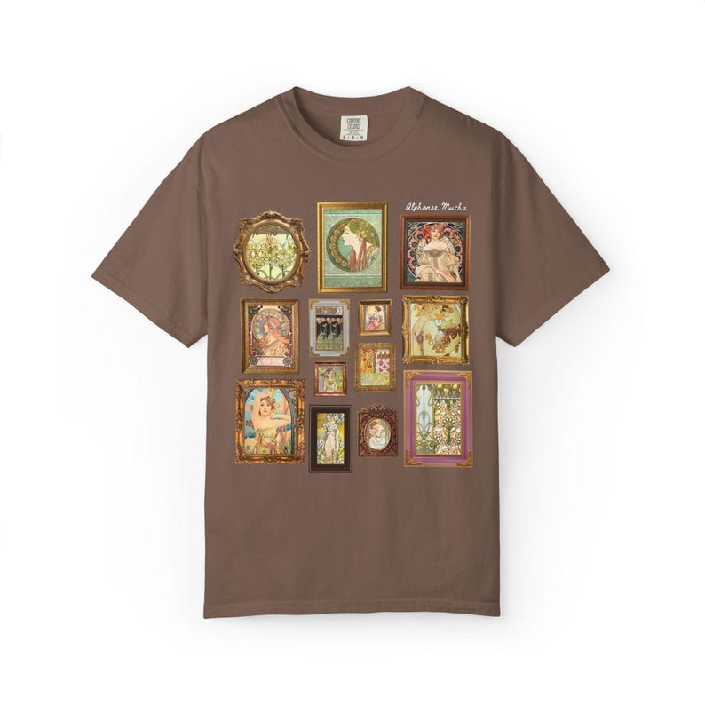 Alphonse Mucha Art Nouveau Famous Paintings Tee Shirt: Early 1900s Art History Gift, European Art History Czech Painter and Illustrator Espresso