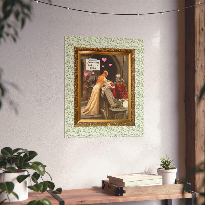 Book Lover Gift Idea: Please Come Back with Books, Funny Bookworm Poster Print for Library, God Speed by Edmund Leighton, Floral Cottagecore image 4