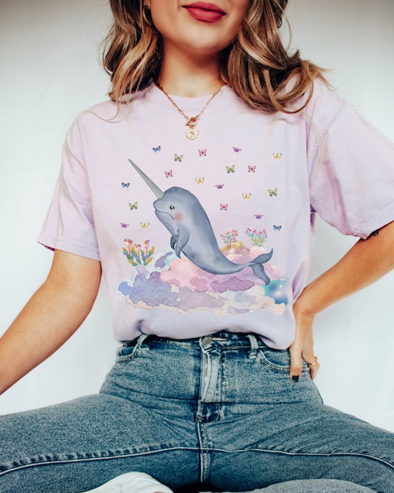 Funny Narwhal Tee Shirt with Dreamcore Aesthetic and Stars: Nineties Throwback | Kitschy Grandma Style Shirt, Eighties Inspired Colorful Tee