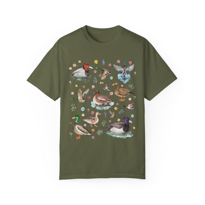 Cottagecore Duck Lover Tee Shirt with Boho Vintage Wildflowers, Cute Whimsigoth Animal Lover Graphic Tee With Colorful Ducks and Flowers Hemp