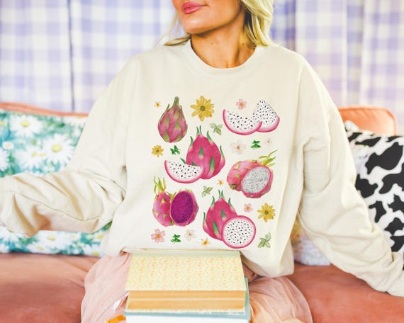 Colorful Dragonfruit Sweatshirt With Flowers: Cozy Colorful Dragonfruit Sweatshirt With Flowers: Cozy