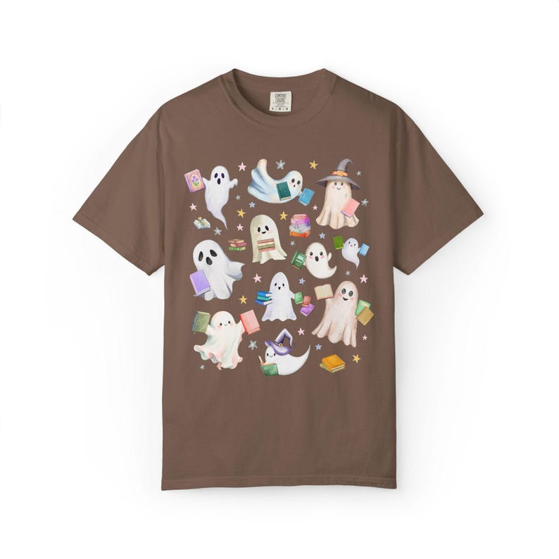 Bookish Ghost Lover Tee Shirt with Ghosts Holding Books for Reading Teacher or School Librarian, Silly Halloween Book Lover Matching Tee Espresso