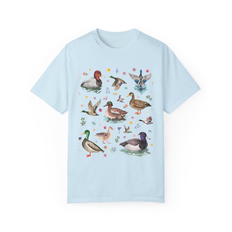 Cottagecore Duck Lover Tee Shirt with Boho Vintage Wildflowers, Cute Whimsigoth Animal Lover Graphic Tee With Colorful Ducks and Flowers Chambray