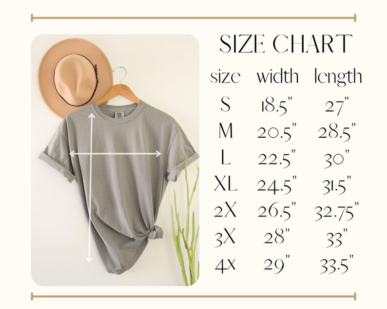Puede incluir: Tabla de tallas para una camiseta con medidas en pulgadas. La tabla muestra la talla, el ancho y la longitud de la camiseta en tallas S, M, L, XL, 2X, 3X y 4X.
