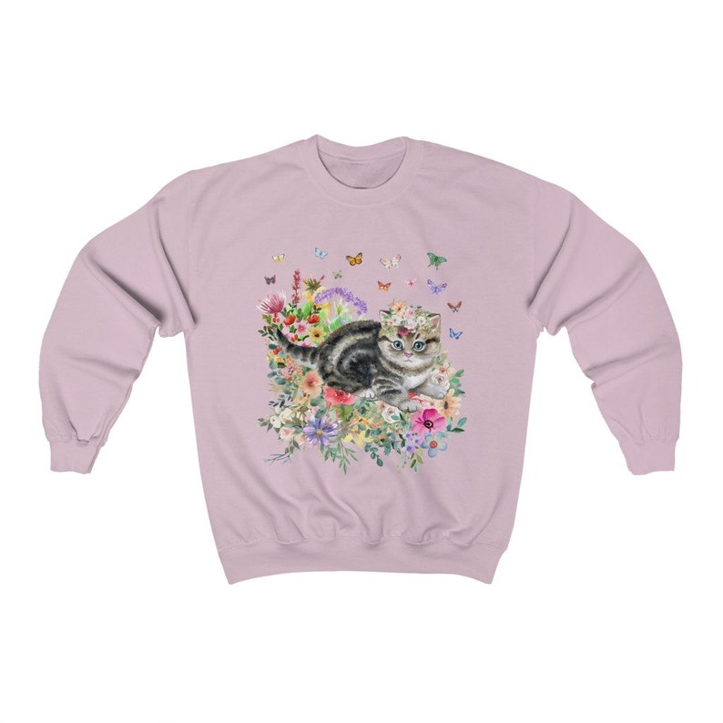 Kitten Sweatshirt: Butterflies and Flower | Cute Cat Gift, Adorable Flower Sweatshirt with Kitten, Gift for Cat Moms, Fun Kitten Gift Idea Light Pink