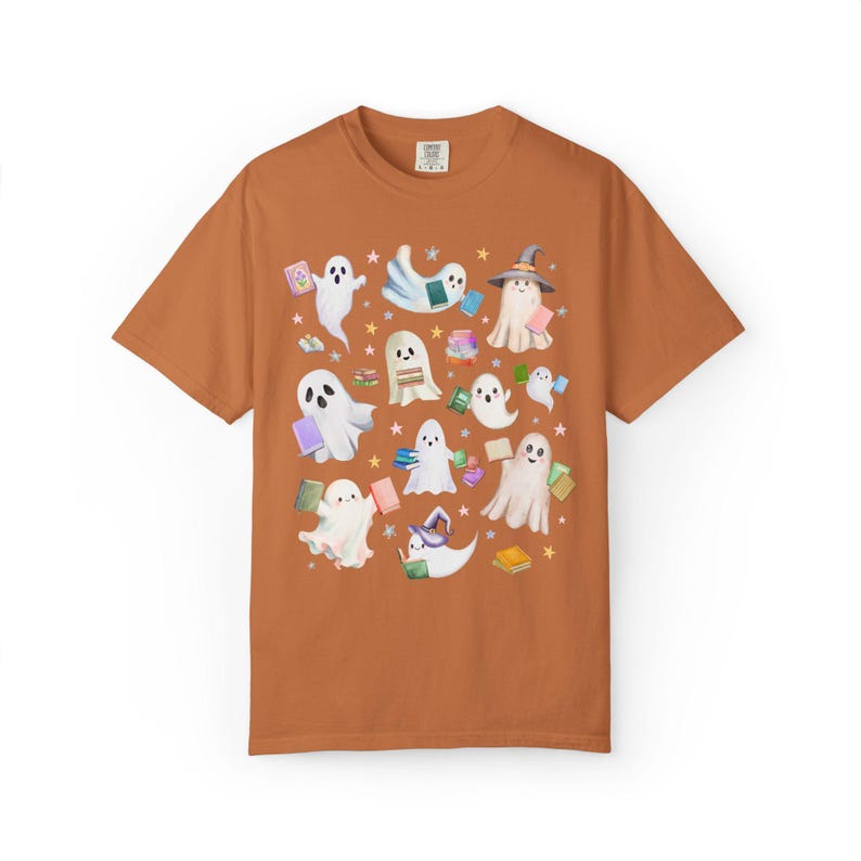Bookish Ghost Lover Tee Shirt with Ghosts Holding Books for Reading Teacher or School Librarian, Silly Halloween Book Lover Matching Tee Yam