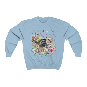 Kitten Sweatshirt: Butterflies and Flower | Cute Cat Gift, Adorable Flower Sweatshirt with Kitten, Gift for Cat Moms, Fun Kitten Gift Idea Light Blue