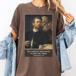 Self-Portrait with Death Playing the Fiddle by Arnold Bocklin, European Art History T-Shirt, Famous 19th Century Paintings, Symbolist Art