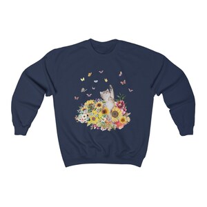 Cat Sweatshirt for Fall: 90's Throwback Shirt | Gift for Cat Mom, Funny Cat Sweatshirt, Nostalgic Sweatshirt of Cat, Kitten with Butterflies Navy