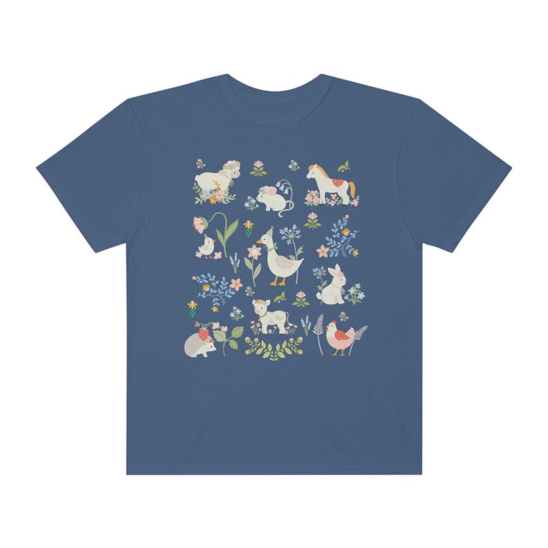 Boho Cottagecore Style Shirt for Animal Lover: Pastel Farm Animals | Whimsical and Cute Floral T-Shirt with Flowers, Sweet Aesthetic Gift Midnight