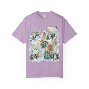 Boho Polar Bear Tee Shirt with Trees, Cute Forestcore Bear Lover Shirt with Snowflakes, Cozy Animal Lover Tee, Nineties Throwback Animal Tee Orchid