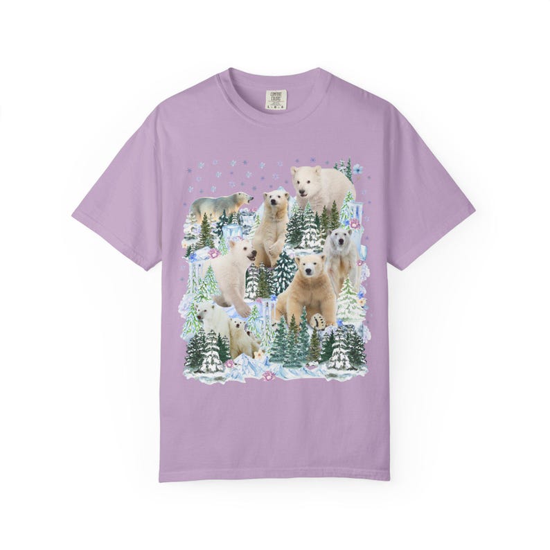 Boho Polar Bear Tee Shirt with Trees, Cute Forestcore Bear Lover Shirt with Snowflakes, Cozy Animal Lover Tee, Nineties Throwback Animal Tee Orchid