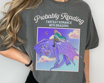 Colorful Fantasy Romance Reader Tee Shirt for Book Lover: Romantasy Books with Dragons | Gift for Librarian or Bookworm, Bookish Tee for Her