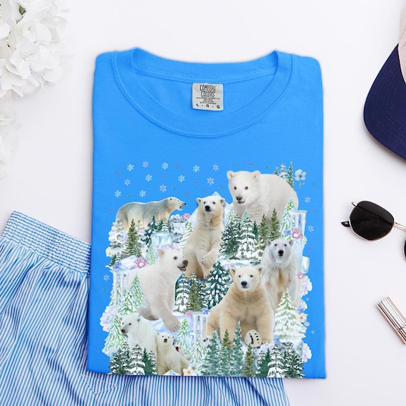 Boho Polar Bear Tee Shirt with Trees, Cute Forestcore Bear Lover Shirt with Snowflakes, Cozy Animal Lover Tee, Nineties Throwback Animal Tee