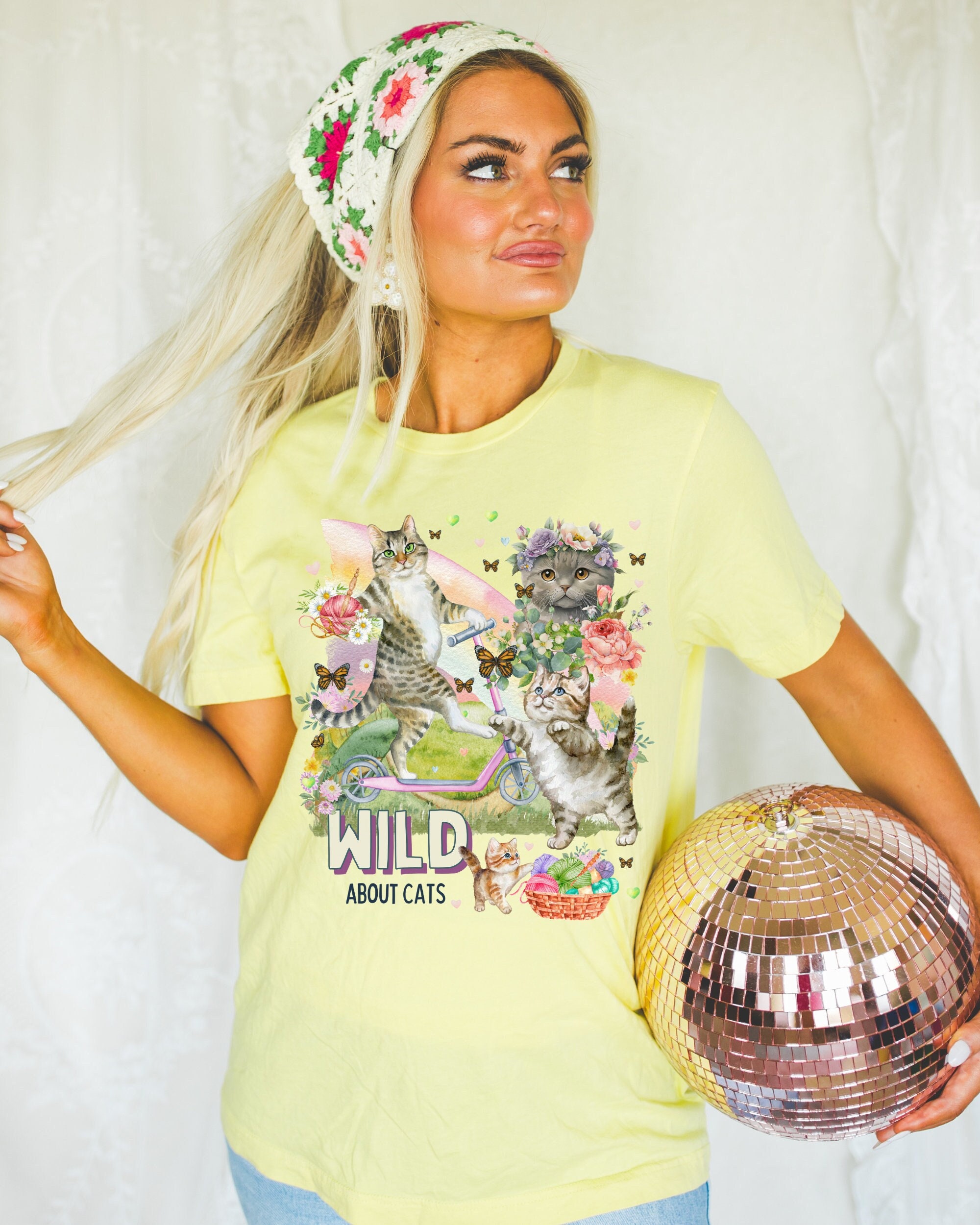 Funny Cottagecore Cat Tee Shirt with Hearts: Wild About Cats, Silly Kitten T-Shirt for Cat Mom or Cat Dad, Colorful Maximalist Cat Lover Tee