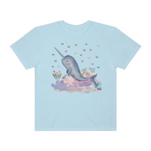 Funny Narwhal Tee Shirt with Dreamcore Aesthetic and Stars: Nineties Throwback | Kitschy Grandma Style Shirt, Eighties Inspired Colorful Tee Chambray