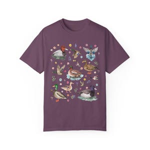 Cottagecore Duck Lover Tee Shirt with Boho Vintage Wildflowers, Cute Whimsigoth Animal Lover Graphic Tee With Colorful Ducks and Flowers Berry