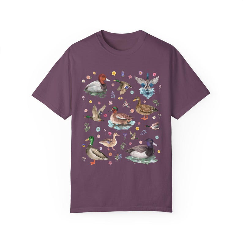 Cottagecore Duck Lover Tee Shirt with Boho Vintage Wildflowers, Cute Whimsigoth Animal Lover Graphic Tee With Colorful Ducks and Flowers Berry