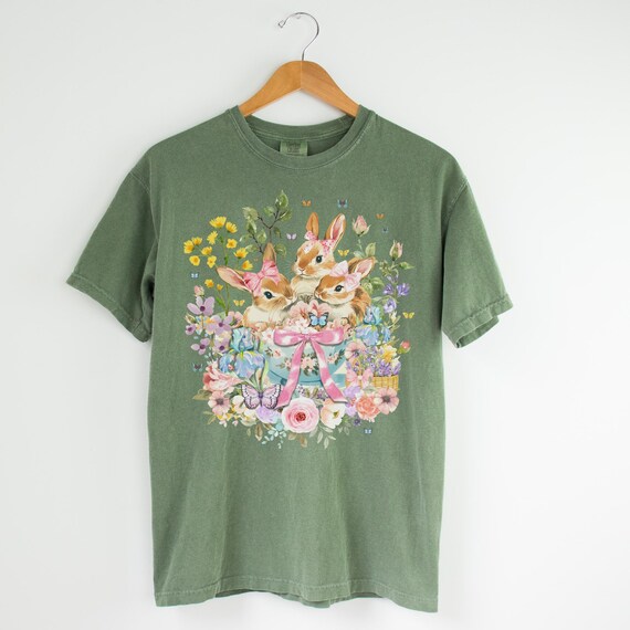 Cottagecore Bunny Shirt, Animal Lover, Colorful Maximalist Floral Tee, Kitschy 90s Grandmacore Aesthetic, Boho Flowers Butterfly Lover Gift