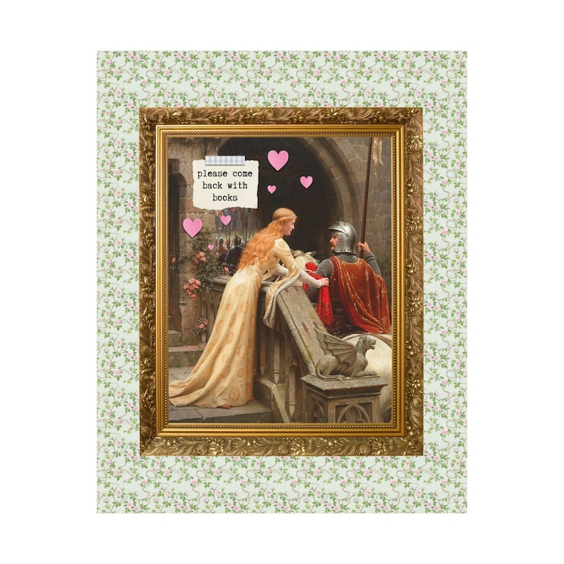Book Lover Gift Idea: Please Come Back with Books, Funny Bookworm Poster Print for Library, God Speed by Edmund Leighton, Floral Cottagecore image 2