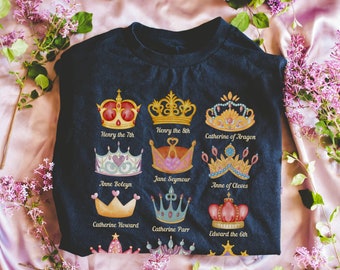 Bonita camiseta de historia Tudor, coronas de acuarela: camiseta de estudios sociales, regalo de historia británica boho, esposas e hijos de Enrique VIII