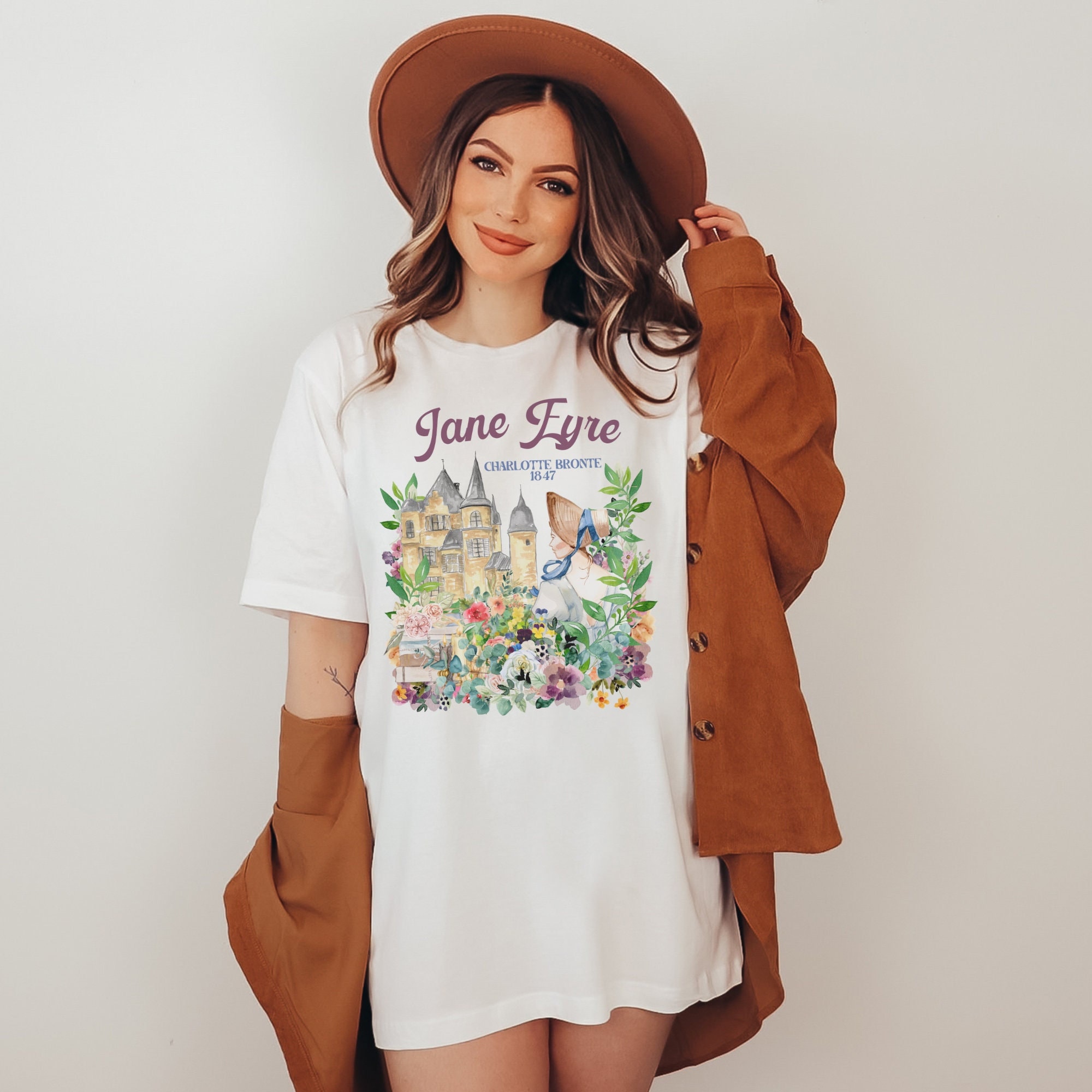 Bookish Classic Literature Tee Shirt for Librarian: Jane Eyre by Charlotte Bronte | Floral Cottagecore Style Shirt for Book Lover or Teacher