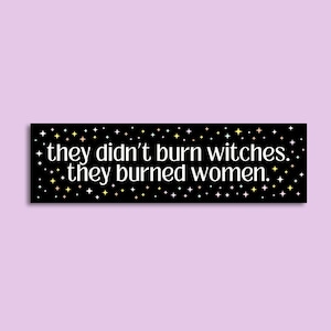 May include: A rectangular black sign with white text that reads "they didn't burn witches. they burned women." The sign is decorated with small, colorful star shapes. The background is a light purple color.