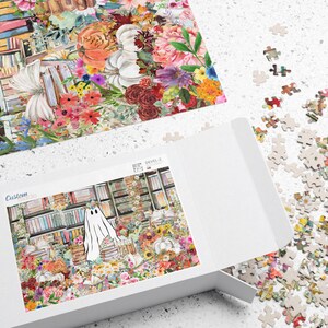 Bookish Halloween Puzzle in Library: Adorable Floral Ghost Surrounded by Books and Flowers | Fall Puzzle, Difficult Spooky Puzzle For Adults image 6