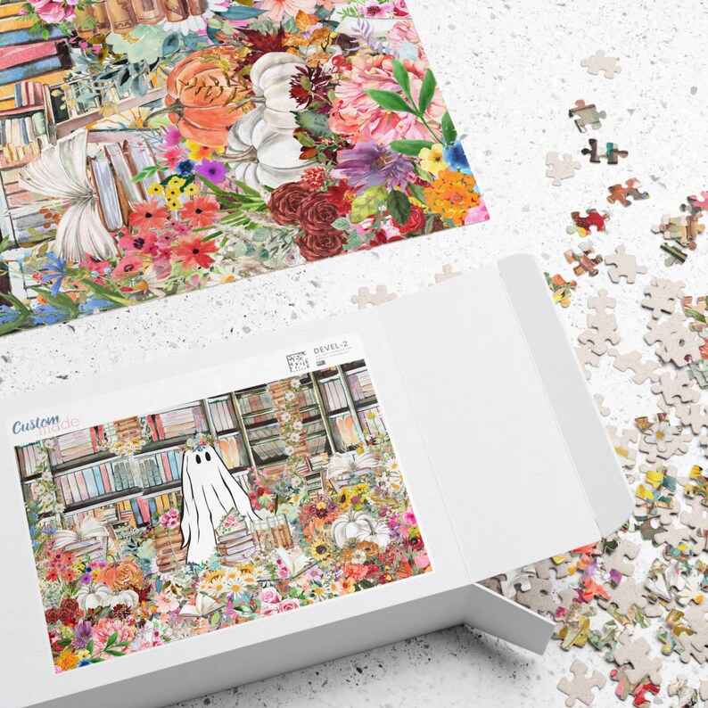 Bookish Halloween Puzzle in Library: Adorable Floral Ghost Surrounded by Books and Flowers | Fall Puzzle, Difficult Spooky Puzzle For Adults image 6