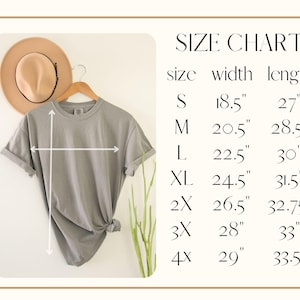 May include: Size chart for a t-shirt with measurements in inches. The chart shows the size, width, and length of the shirt in sizes S, M, L, XL, 2X, 3X, and 4X.