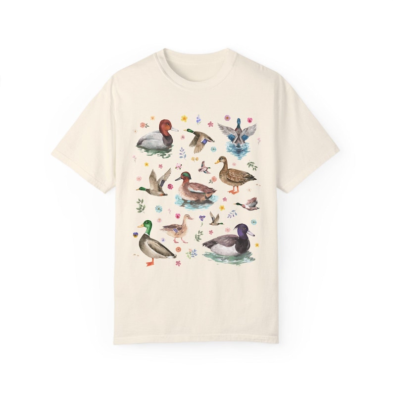 Cottagecore Duck Lover Tee Shirt with Boho Vintage Wildflowers, Cute Whimsigoth Animal Lover Graphic Tee With Colorful Ducks and Flowers Ivory