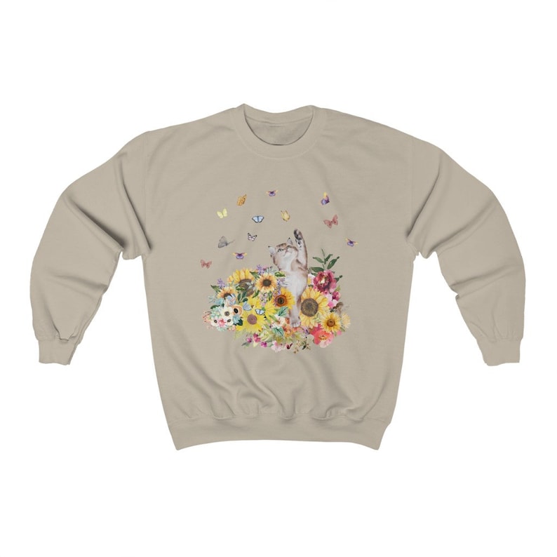 Cat Sweatshirt for Fall: 90's Throwback Shirt | Gift for Cat Mom, Funny Cat Sweatshirt, Nostalgic Sweatshirt of Cat, Kitten with Butterflies Sand