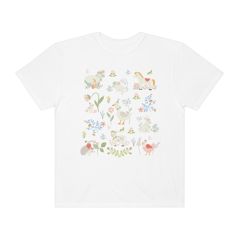 Boho Cottagecore Style Shirt for Animal Lover: Pastel Farm Animals | Whimsical and Cute Floral T-Shirt with Flowers, Sweet Aesthetic Gift White