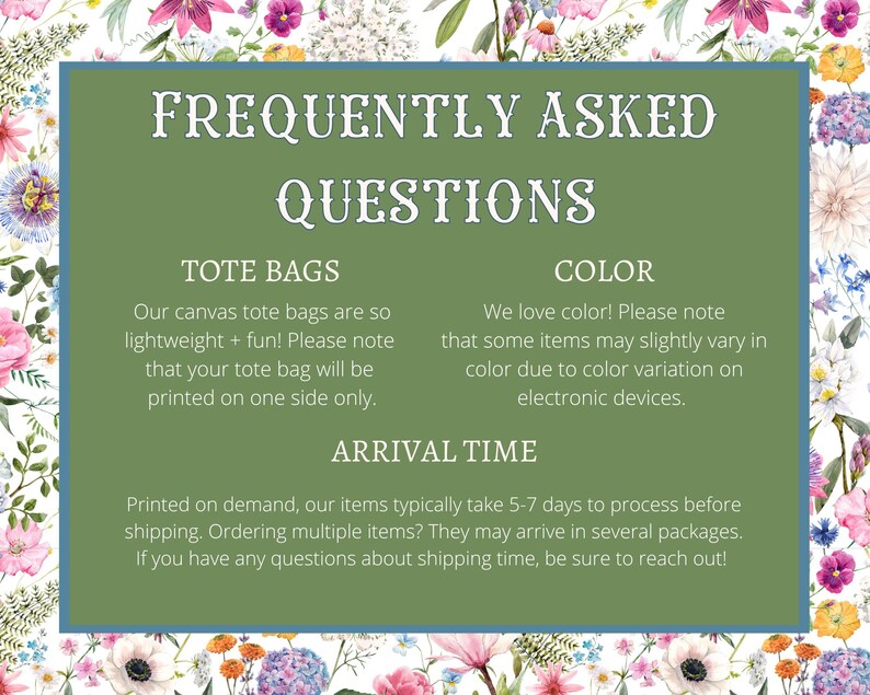 May include: A green rectangular graphic with white text, including "FREQUENTLY ASKED QUESTIONS". The graphic provides information on tote bags, colour variations, and delivery times, set against a floral background.