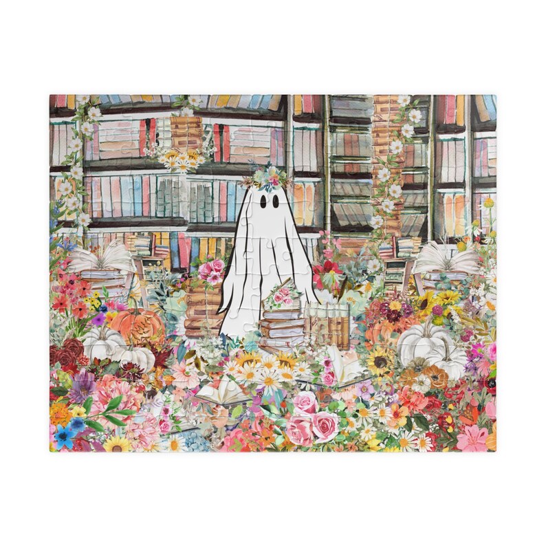 May include: A white ghost with a floral crown stands in a library surrounded by colorful flowers and books. The ghost is holding a stack of books in its hands.