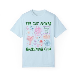 Cut Flower Gardening T-Shirt für Blumenzüchter oder Mütter, die Schnittblumen anbauen, niedliches Gartenarbeit-T-Shirt mit 90er Jahre Y2k Aeshetic Doodles Chambray