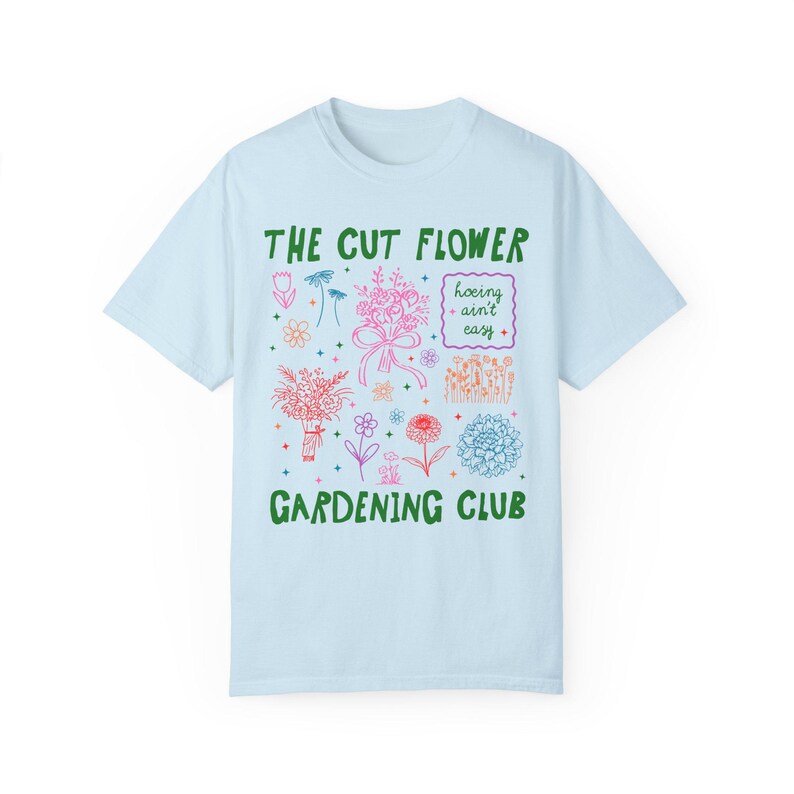Cut Flower Gardening T-Shirt für Blumenzüchter oder Mütter, die Schnittblumen anbauen, niedliches Gartenarbeit-T-Shirt mit 90er Jahre Y2k Aeshetic Doodles Chambray