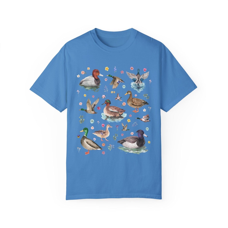 Cottagecore Duck Lover Tee Shirt with Boho Vintage Wildflowers, Cute Whimsigoth Animal Lover Graphic Tee With Colorful Ducks and Flowers Royal Caribe