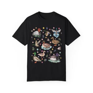 Cottagecore Duck Lover Tee Shirt with Boho Vintage Wildflowers, Cute Whimsigoth Animal Lover Graphic Tee With Colorful Ducks and Flowers Black