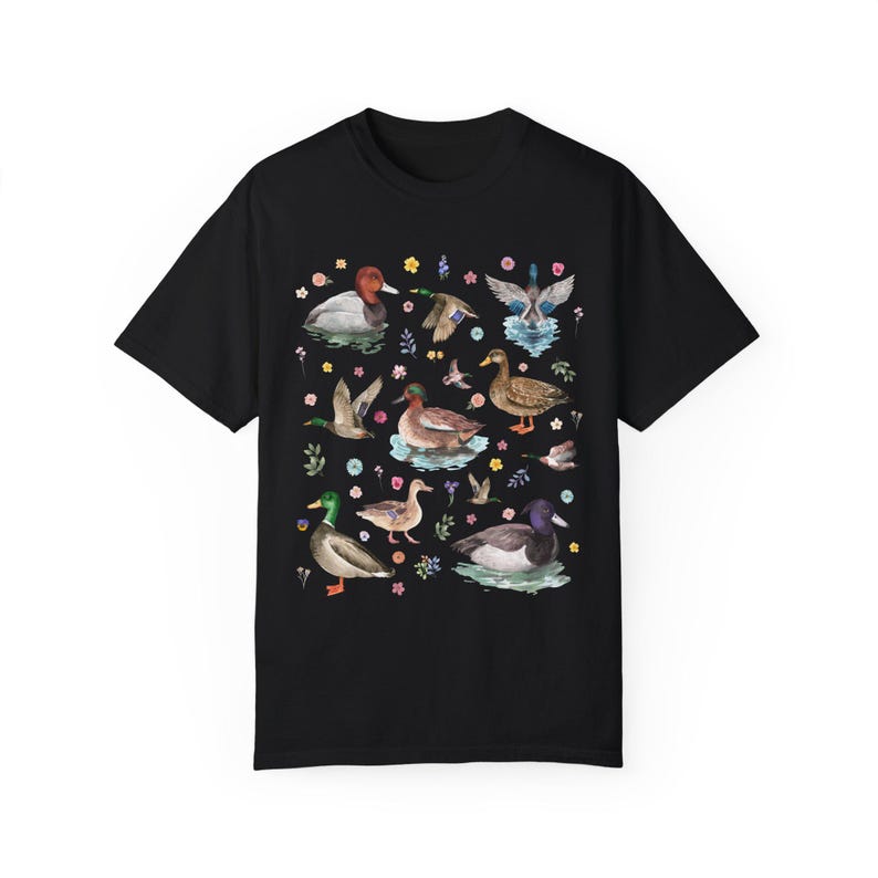 Cottagecore Duck Lover Tee Shirt with Boho Vintage Wildflowers, Cute Whimsigoth Animal Lover Graphic Tee With Colorful Ducks and Flowers Black