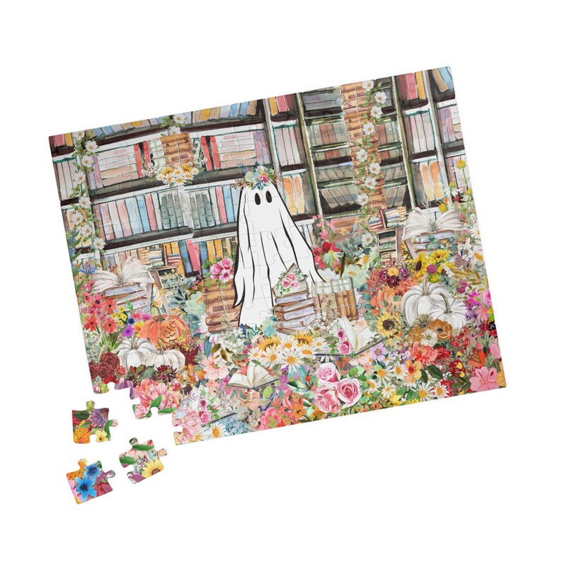 Bookish Halloween Puzzle in Library: Adorable Floral Ghost Surrounded by Books and Flowers | Fall Puzzle, Difficult Spooky Puzzle For Adults image 2