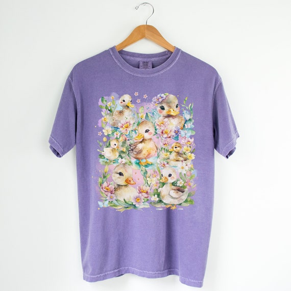 Funny Duck Tee Shirt with Transparent Watercolor Splashes and Colorful Flowers | Watercolor Duck Lover Shirt for Spring, 90s Throwback Tee